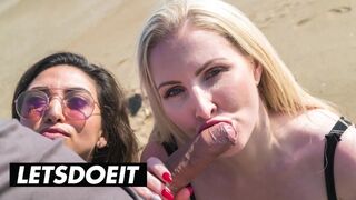 Frida Sante és Georgie Lyall forrón szopogatnak és baszódnak egy bazinagy faszon a strandon