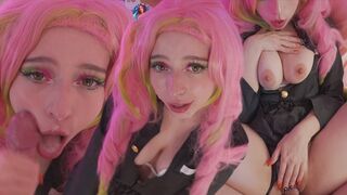 Mitsuri kanroji cosplayben élvezi a fasznak a lyukait és kolosszális arconlövellést kap